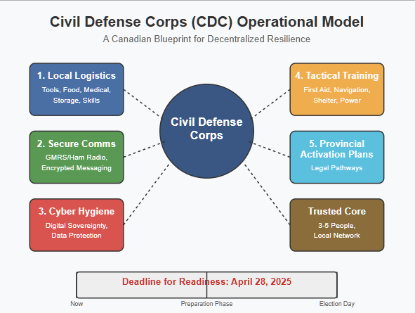 Organizational chart depicting the Civil Defense Corps (CDC) operational model. A central blue circle represents the CDC core, connected to five key components: (1) Local Logistics Cells (supplies and resources), (2) Secure Communications (radio and encrypted messaging), (3) Cyber Hygiene (digital sovereignty), (4) Tactical Training (practical skills), and (5) Provincial Activation Plans (legal pathways). A timeline at the bottom highlights April 28, 2025 as the deadline for readiness."