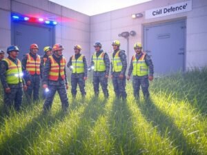 A group of civil defence personnel, dressed in camouflage uniforms with reflective vests and hard hats, stand in front of a concrete building labeled "Civil Defence." The building has two heavy blue doors, one with flashing red and blue lights above it. The scene is set on a concrete surface with emergency equipment visible in the background, under a clear sky with sunlight casting shadows.